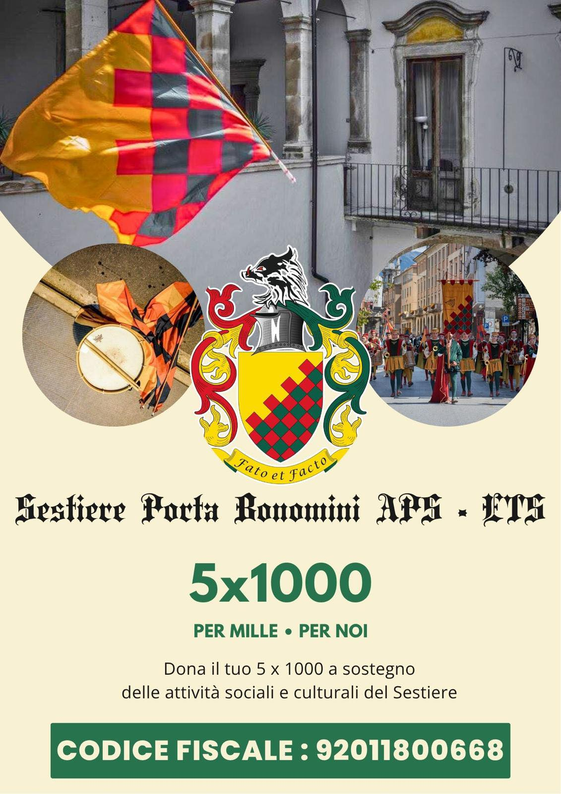 Locandina 5 per mille a sostegno del Sestiere Porta Bonomini APS ETS - Codice Fiscale 92011800668